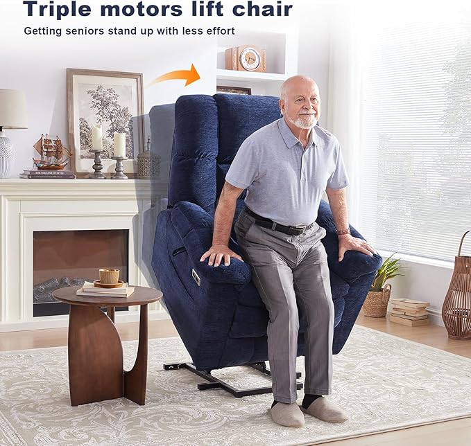 Triple Motor Power Lift Recliner Chair with Massage and Dual Heat for Elderly People, Zero Gravity Lay Flat Recliner Infinite Position, USB Ports（Navy Blue）