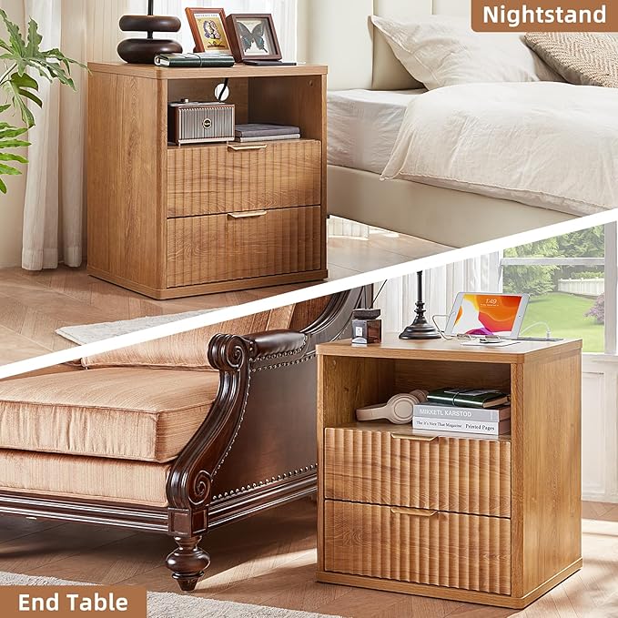LEYAOYAO Fluted Nightstand with Charging Station, 23" Modern Night Stand with Woodgrain Top, 2 Drawers End Table w/Storage, Bedside Tables for Bedroom, Living Room, Curved Profile Design,Brown