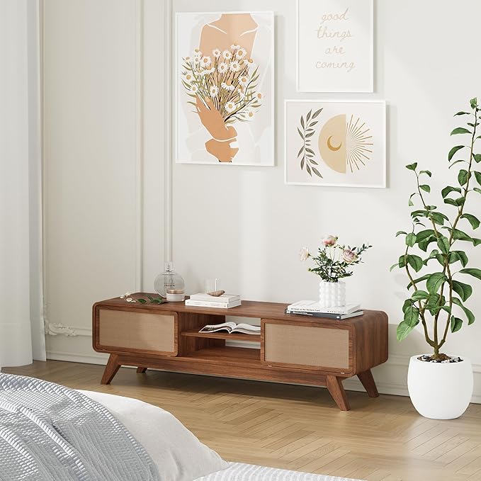 AVZEAR Mid Century Modern TV Stand for TVs up to 65'', Farmhouse Entertainment Center with Storage, TV Cabinet Table with Nature Linen Doors, Media Console TV Consoles for Living Room Bedroom (Walnut)