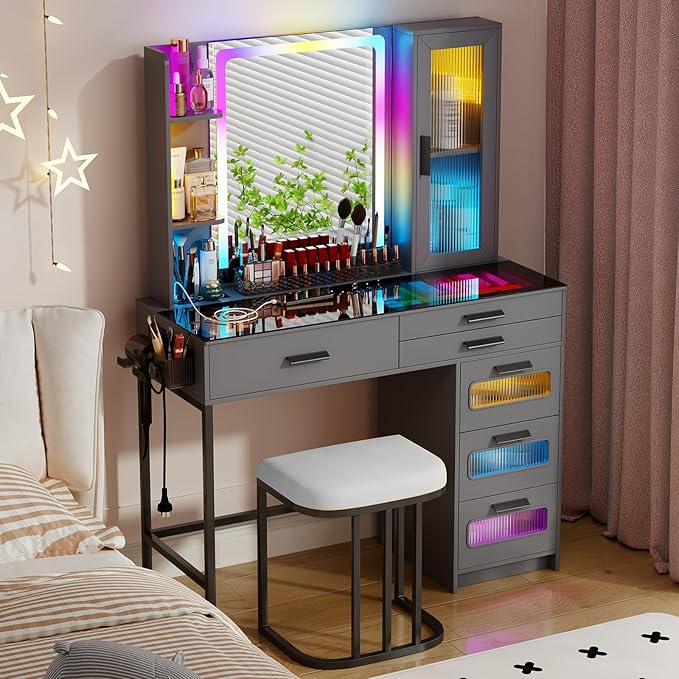 Makeup Vanity Desk with Mirror and RGB Lights,Glass Top Vanity Table with Wireless Charging & Stool,Vanity Set with 6 Drawers & Storage Cabinet & Makeup Organizer，Bedroom（Grey）