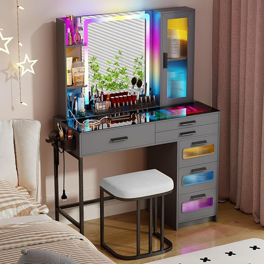Makeup Vanity Desk with Mirror and RGB Lights,Glass Top Vanity Table with Wireless Charging & Stool,Vanity Set with 6 Drawers & Storage Cabinet & Makeup Organizer，Bedroom（Grey）
