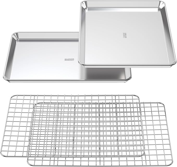 Baker's Secret 4pcs Set, 2x Baking Trays for Oven, 100% Recycled Aluminum, Non Toxic, Bakeware Set Cookie Sheet 13.6" with 2x Stainless Steel Rack Never Rust - The Natural Aluminum Collection