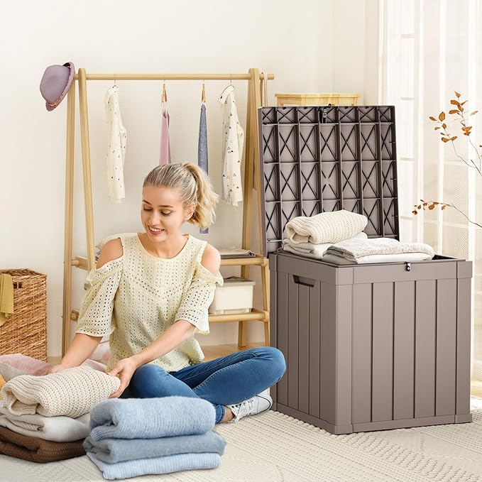 50 Gallon Waterproof Outdoor Storage Box,Resin Deck Box,Lockable Outside Storage Box Container for Patio Furniure,Garden Tools (50 Gallon,Grey)