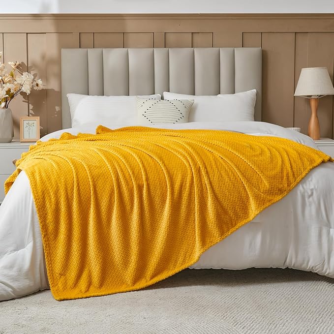 NEWCOSPLAY Super Soft Twin Blanket Mustard Yellow Premium Silky Flannel Fleece Leaves Pattern Lightweight Bed Blanket All Season Use (Mustard Yellow, Twin(60"x80"))