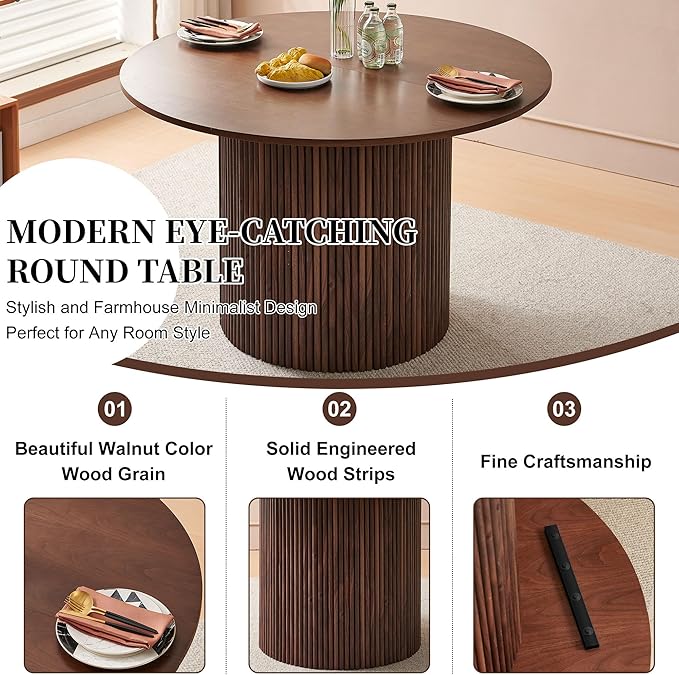 5 Piece 47-inch Round Dining Table Set for 4, Rustic Walnut Dinner Table with Upholstered Sherpa Dining Room Chairs Set, Engineered Wood Kitchen Table with Wood Strips Base