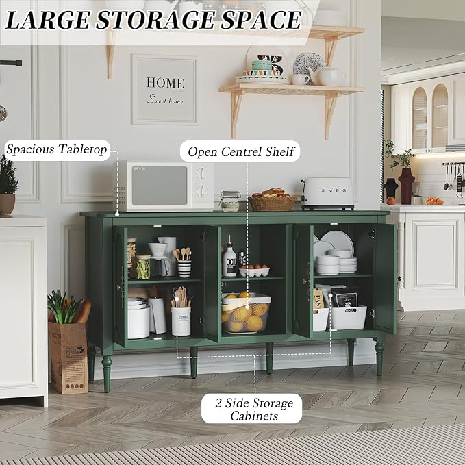 Vintage Buffet Sideboard Cabinet with 4 Doors, 59" Mid Century Modern Storage Cabinet with Shelf, Decorative Accent Credenza TV Stand (Green)