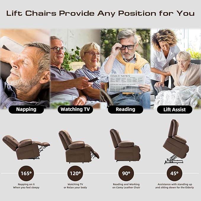 Large Power Lift Chair Recliner for Elderly with Heated and Massage, Overstuffed Adjustable Lift Chair, 3 Position, Breathable Leather, USB-A&USB-C, Cup Holder (Tall Man-7523, Chocolate)