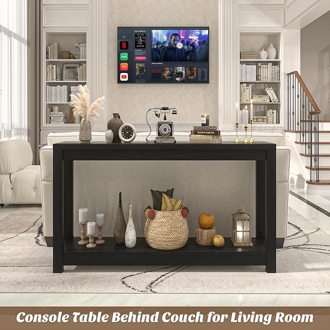 47" Farmhouse Wood Entryway Table Narrow Console Table with Storage Behind Couch Sofa Table with Shelves for Entry Way with Open Storage, Easy Assembly, Embossed Wood Grain Black