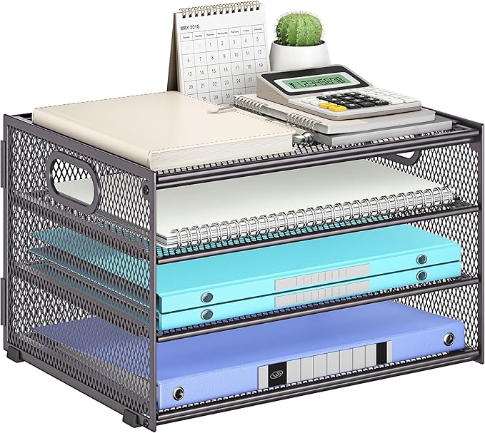 Subekyu Paper Letter Tray Organizer for Desk, Gray Metal Mesh Desk File Sorter Organizer with Handle and 2 Sliding Trays for Home Office School Supplies Organization