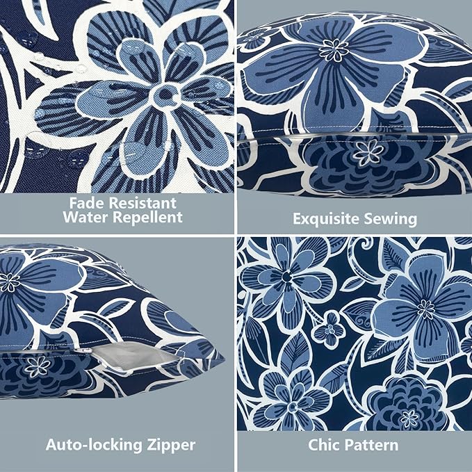 LVTXIII Outdoor Throw Pillow Covers 20 x 20 Inch, Covers ONLY Modern Cute Pattern Decorative Square Toss Pillow Case Pack of 2 for Home Patio Garden Sofa Bed Furniture, Flower Navy