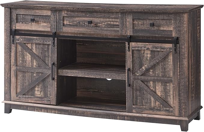AMERLIFE Farmhouse TV Stand for Televisions up to 65 Inchs, Entertainment Center with Sliding Barn Doors and Storage Drawers, 59" TV Stand with Cabinets, Rustic Oak Black