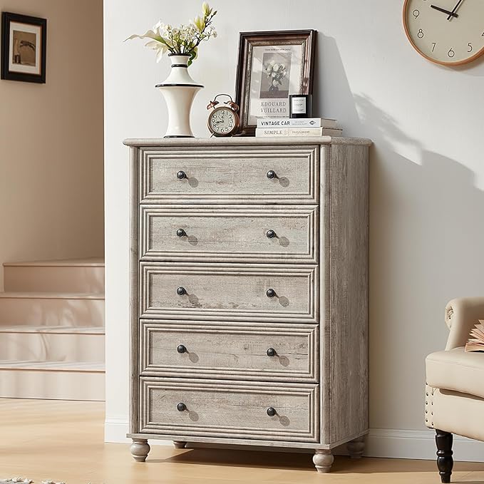 Farmhouse Dresser for Bedroom Set of 2, 5 Drawers Wood 45" Tall Chest of Drawers, Dresser Rustic Storage Dressers Organizer with Metal Handle Closet for Living Room, Hallway Entryway