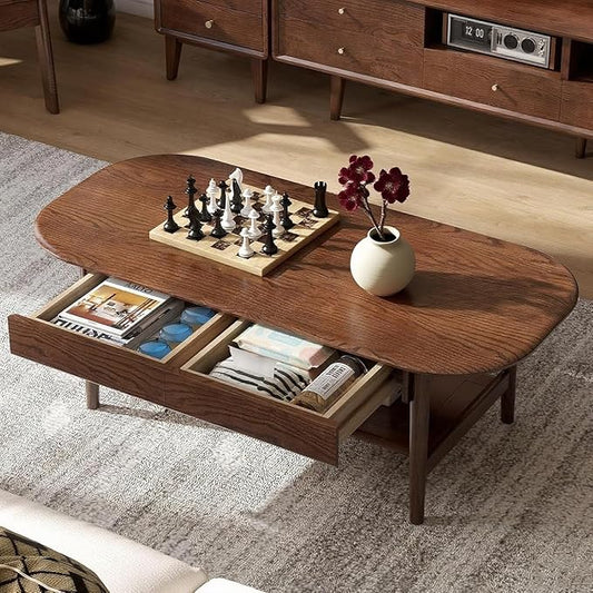 Solid Wood Coffee Table with Drawers, Real Oak Wood Table with Storage,47.2" Mid Century Modern Coffee Table for Living Room Unique Farmhouse Style