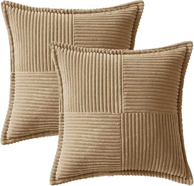 MIULEE Decorative Throw Pillow Covers for Couch Bed Livingroom 12x12 Inch Set of 2 Khaki Boho Accent Throw Pllows Broadside Striped Patchwork Soft Corduroy Pillowcases