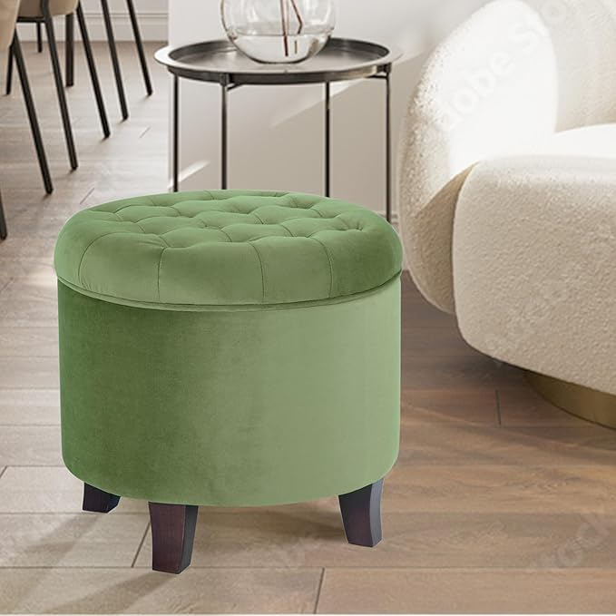 Homepop Home Decor | Upholstered Round Velvet Tufted Foot Rest Ottoman | Ottoman with Storage for Living Room & Bedroom | Decorative Home Furniture, Green