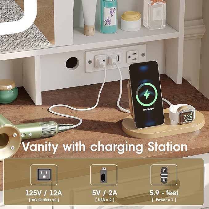 Farmhouse Makeup Vanity Desk with Sliding Mirror and Lights and Charging Station, White Vanity with Shelves and Drawers and Storage Cabinet, Make Up Vanity Desk with Cushioned Stool for Bedroom