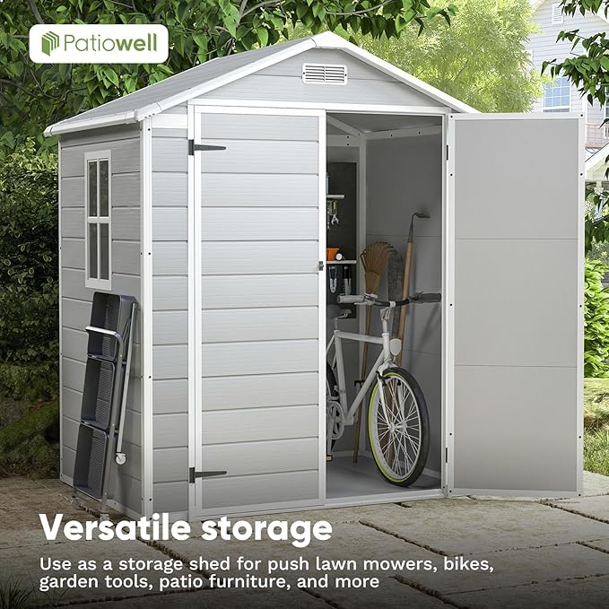 Patiowell 6x4 FT Plastic Outdoor Storage Shed, Resin Shed Perfect to Store Patio Furniture, GardenTools Bike Accessories, Beach Chairs and Lawn Mower,Light Grey