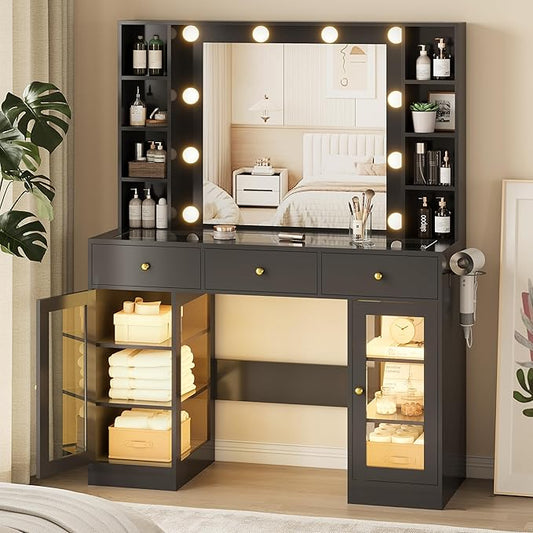 Makeup Vanity Desk with Mirror and Lights, Glass Top Vanity Table Set with Drawers & Power Outlet, Large Dressing Table with 3 Color Lighting Modes & RGB Cabinets for Women Girls Kids Bedroom, Black