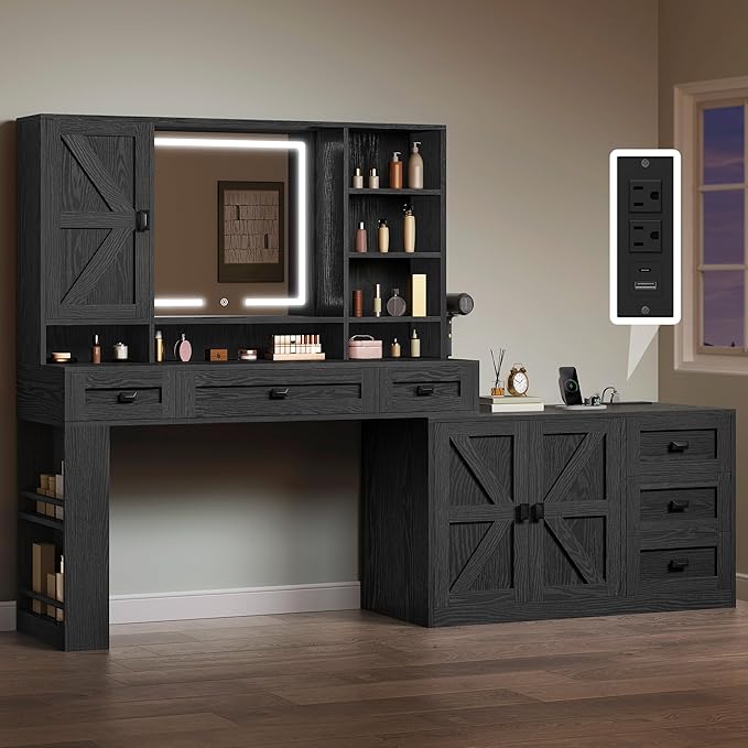 YITAHOME 48'' Farmhouse Makeup Vanity Desk with Mirror and Lights, 68'' 360° Rotation Big Modern Lighted Vanity Table with 6 Drawers & Lots Shelves, Rustic Large Dressing Table, Antique Black