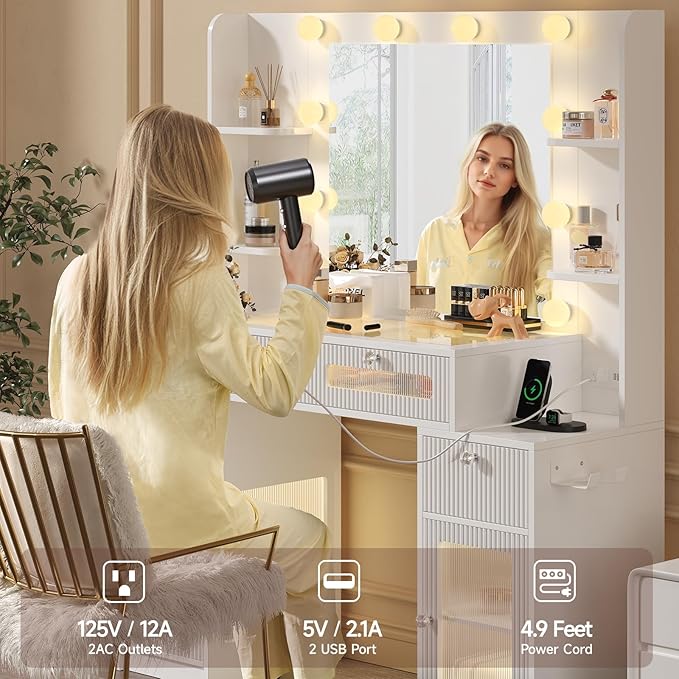 Vanity Desk with Mirror and Lights 3 Colors, 47" Glass Top Fluted Makeup Vanity Desk with Lights & Power Outlet for Bedroom, Dressing Table with 4 Lighted Drawers and 2 storage cabinets, White