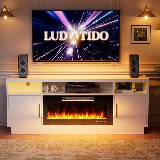 Ludatido 70 Inch Premium TV Stand with 36 inch Electric Fireplace 27 Inch high LED Light Entertainment Center Easy to Assemble for TVs Up to 85'' with USB&AC Power Interface Black