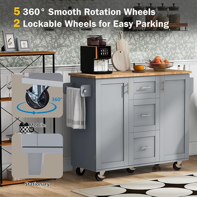 Rolling Mobile Kitchen Island Cart with Door Internal Storage Rack & Tower Rack, 3 Drawers and 2 Slide-Out Shelves for Dining Room