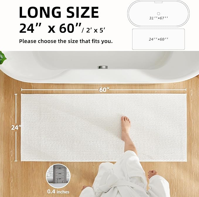 Bathroom Runner Rug, Long Bath Mat Washable Thin Quick Dry Low Pile Bathroom Runner Rugs 24 x 60 Non Slip, White 24"x60"