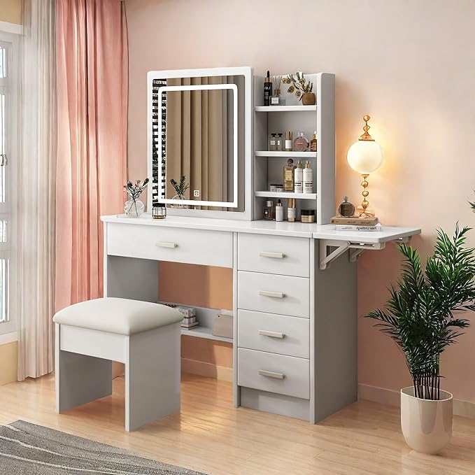 Stylish Vanity Desk with Mirror and Lights, White Dressing Table Set with Chair, 5 Drawers & Open Shelves, Adjustable 3-Color LED Lighting, Perfect for Bedroom Makeup