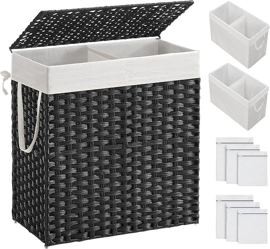 SONGMICS Laundry Hamper with Lid, 110L Clothes Hamper with 2 Removable Liner Bags, 6 Mesh Bags, Wicker Laundry Basket, Double Laundry Hamper for Laundry Room, 13 x 22.4 x 23.6 Inches Black ULCB52BK