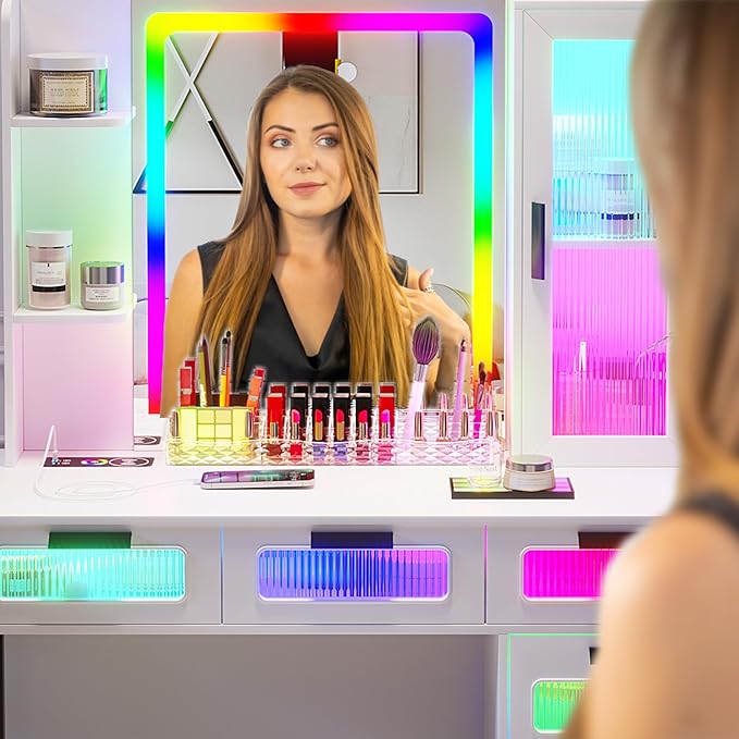 HNEBC White LED Vanity, Makeup Vanity with RGB Lights and 6 Drawers for Bedroom, Makeup Desk with USB/Wireless Charging, Dressing Table with Shelves/Cabins/Stool, Vanity Table Set as Gifts for Girls