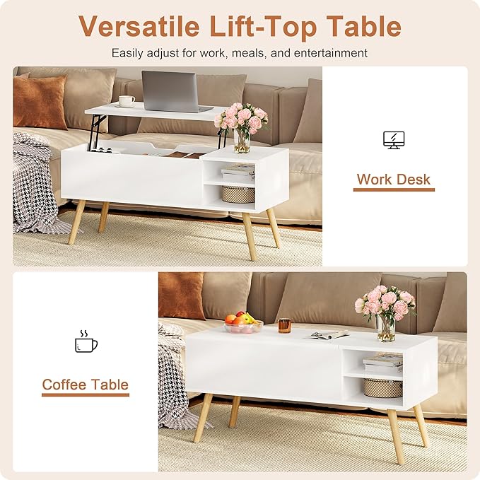 ALINE FURNITURE White Coffee Table Lift Top - Wood Coffee Table with Hidden Compartment Storage - 40" Pull Up Coffee Tables for Living Room