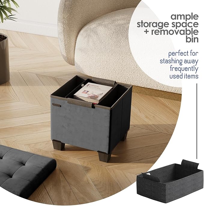 STORAGEBUD Storage Ottoman Cube with Small Bin, 15-in Square Ottoman with Storage for Living Room and Bedroom, Small Ottomans Foot Rest, Velvet Foot Stools Ottomans Max 330lbs, Grey