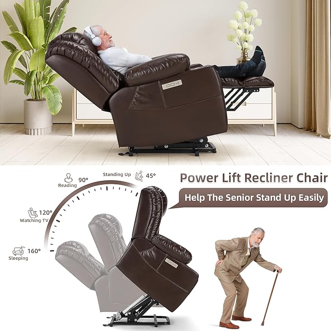 Power Lift Recliner Leather Chair Sofa with Massage & Heat, Lazy Boy Chair with Cup Holders, USB & Type-C Ports, Remote Control (Brown)