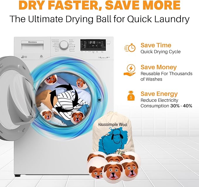 Wool Dryer Balls Organic Felt 6 Pack Laundry Fabric Softener, Extra Large Reusable Handmade Natural Sheep Wool Lint Wrinkle Free Anti Static Baby Safe (Orange Dog)