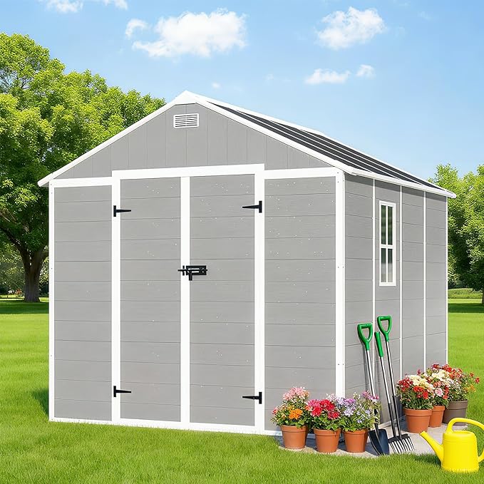 8x8 FT Outdoor Storage Resin Shed with Floor,Waterproof Plastic Garden Bike Shed with Lockable Door, Sloped Roof, Vents & Windows, Easy Assembly Tool Shed for Lawn, Backyard, Patio, Grey