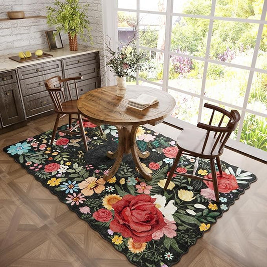 Washable Floral Area Rugs for Living Room, 5'x7' Black Soft Non-Slip Bedroom Rug Stain Resistant Lightweight Boho Vintage Low-Pile Throw for Dining Room Office