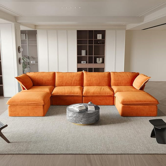 JACH U-Shaped Couches for Living Room, Convertible Sectional Sofa, Modern Deep Seat Soft Cloud Couch, Modular Sectional Sofas with Two Ottomans for Living Room, Apartment (Orange)