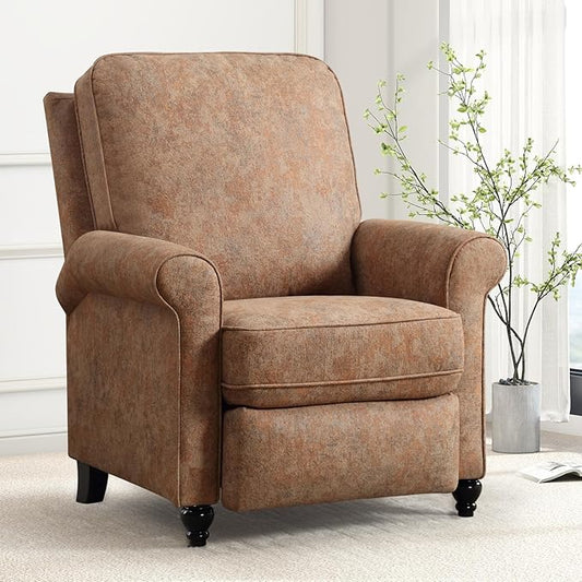 ANJ Push Back Recliner Chair, Textured Fabric Overstuffed Wingback Recliner, Adjustable Pushback Chair with Padded Seat and Back, Single Reclining Sofa for Living Room, Bedroom(Retro Brown)