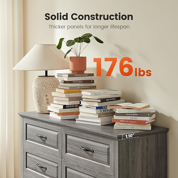 Amada Farmhouse 6 Drawer Dresser for Bedroom, 47.2 Inch Wide Wood Dresser with Natural Texture, Large Drawers, Rustic Farmhouse Chest of Drawers for Bedroom, Living Room, Hallway, Gray