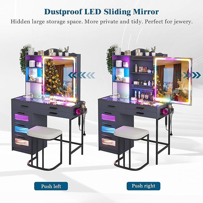 RGB Vanity Desk with Sliding Mirror and Lights, LED Makeup Vanity with Charging Station/Motion Sensor Light, Glass Top Dressing Table Set with Jewelry Box,6 Drawers,Stool for Bedroom(Grey)