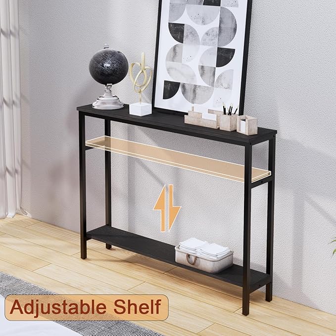 Narrow Console Table, 39.4” Sofa Table with Adjustable Shelf, 2-Tier Long Skinny Table for Hallway, Entryway, Living Room, Foyer, Black