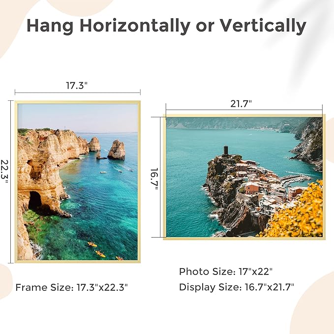 17x22 Metal Picture Frame - Gold Aluminum Picture Frames with Real Glass, Wall Mounting Horizontally or Vertically, Diploma, Certificates and Decor for Wall Gallery 22x17 Frame, Gold