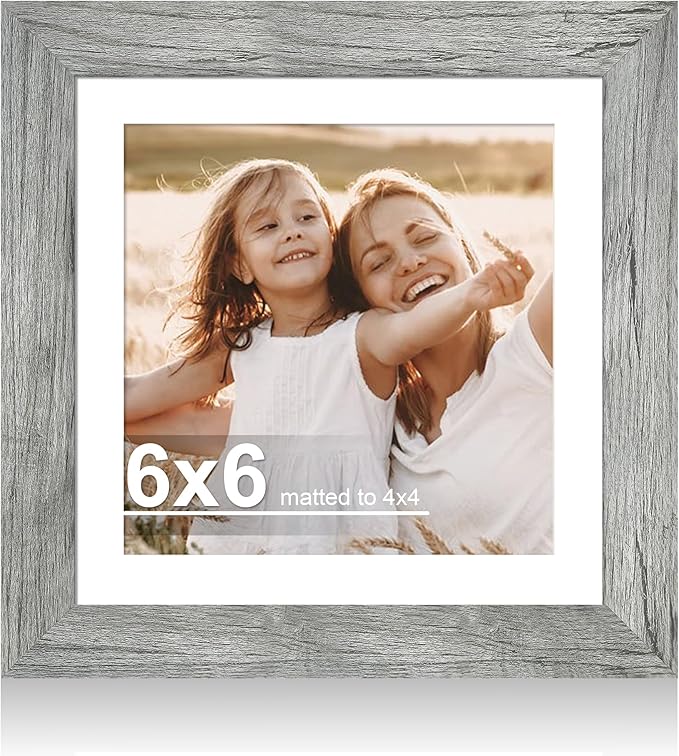 6x6 Picture Frame with Glass, Display Pictures 4x4 with Mat or 6 x 6 without Mat - Wall and Tabletop, 6 by 6 Photo Wooden Frames (Grey, 1 Pack)