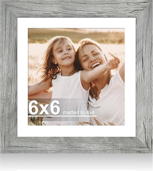 6x6 Picture Frame with Glass, Display Pictures 4x4 with Mat or 6 x 6 without Mat - Wall and Tabletop, 6 by 6 Photo Wooden Frames (Grey, 1 Pack)