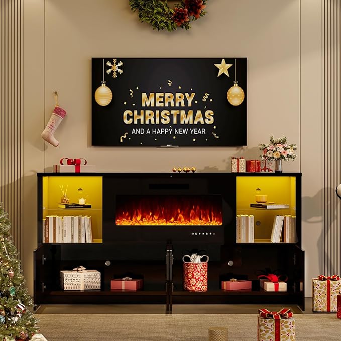 Fireplace TV Stand for TVs up to 75", Modern High Gloss Entertainment Center with 40" Fireplace, 4 Shelves & Storage Cabinets, Media Console Table 68 Inches, Black