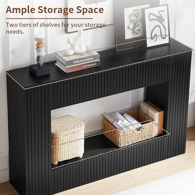 55.12" Wood Console Table for Entryway, Narrow Long Real Wood Fluted Design Sofa Tables Behind Couch Table Entryway Tables with 2-Tier Storage Shelves for Living Room, Hallway, Foyer, Black