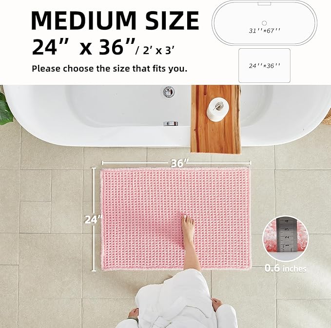 Light Peachy Pink Bathroom Rugs, Waffle Bath Mat Non Slip Washable Quick Dry Cute Bath Mat Boho Farmhouse Bathroom Decor, 36"x24" Light Peachy Pink