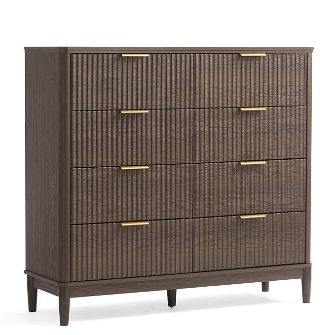 LINSY HOME Fluted Dresser for Bedroom with 8 Drawers, 47" Wide Chest of Drawers, Mid Century Modern Dresser TV Stand with Metal Handle, Wood Closet Storage Cabinet for Living Room, Hallway, Walnut