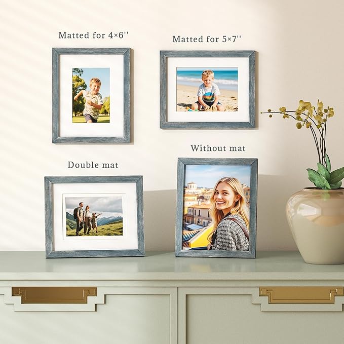 Egofine 8x10 Picture Frame Made of Solid Wood Covered by Plexiglass, Display Pictures 4x6/5x7 with Mat or 8x10 Without Mat for Table Top Display and Wall Mounting Photo Frame, Rustic Blue
