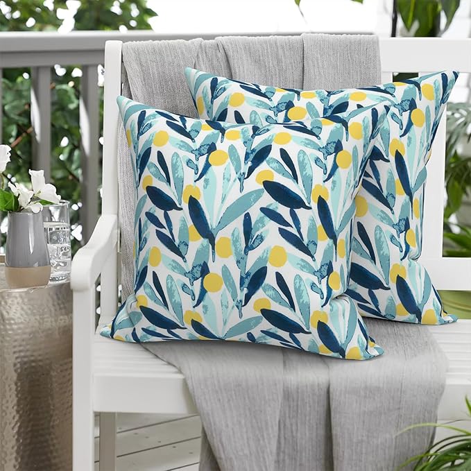 Pack of 2 Patio Throw Pillow Covers ONLY, Water Repellent Cushion Cases 20x20 Inch, Square Pillowcases for Outdoor Couch Decoration, Leaves Multi